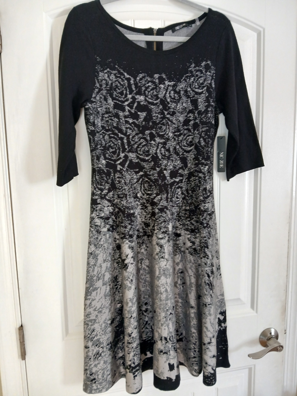 NIC+ZOE Black and Silver Floral Fit-and-Flare Midi Sweater Dress